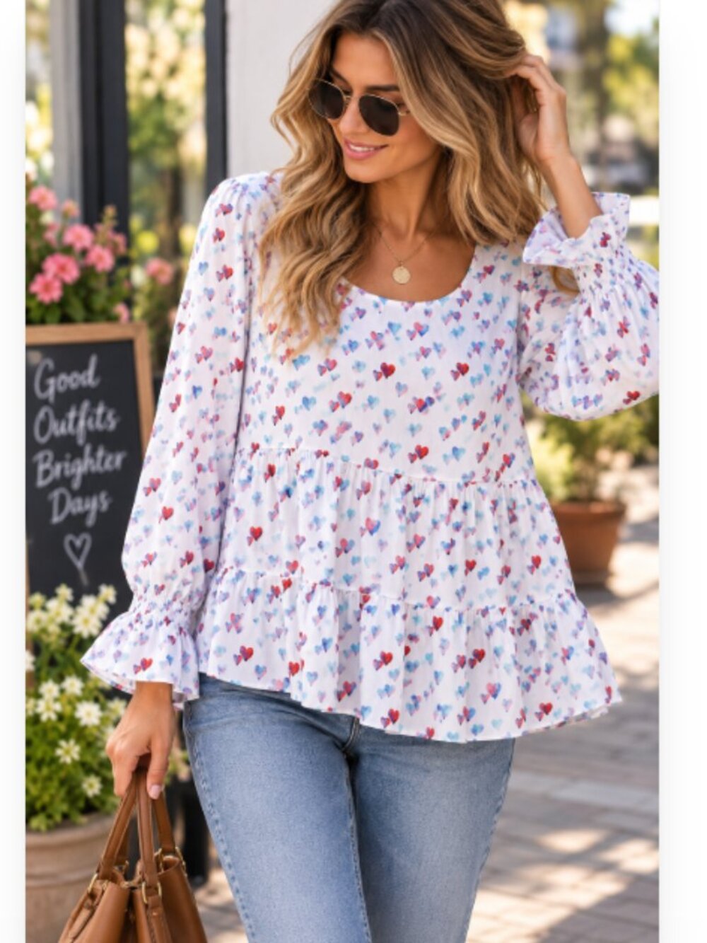 Jane and Delancey Heart Print Babydoll Blouse Medium